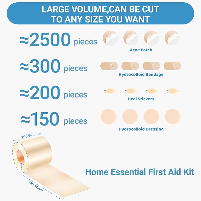 Hydrocolloid Roll Bandages - DIY Size & Shape, Extra Large Medical-Grade Hydrocolloid Roll with Self-Adhesive, Ultra Absorbent, Flexible & Waterproof, First Aid Kit Essential(2in*16ft)