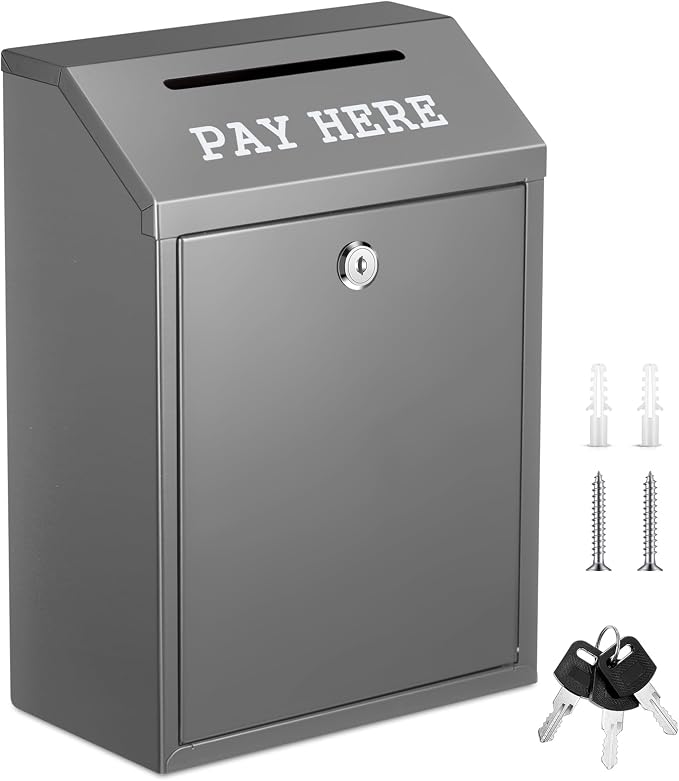 Yaocom Safe Metal Cash Box for Farm Stand – Money Drop and Secure Donation Collection, Wall Mount Lockable Unit with Pre Drilled Holes for Outdoor Self Serve(Gray,11.8 x 8.6 x 4.7 Inch)