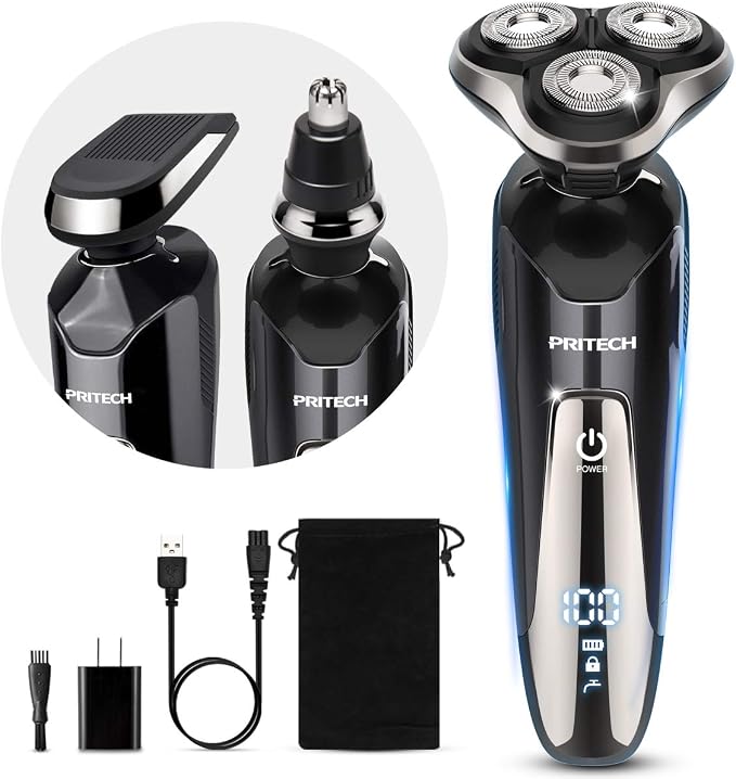 PRITECH Electric Razor for Men Rotary Electric Shavers for Men | with Nose & Sideburn trimmers, Wet & Dry Use, Travel Lock, LED Display, IPX6 Waterproof, USB Fast Charging, Gift for Men