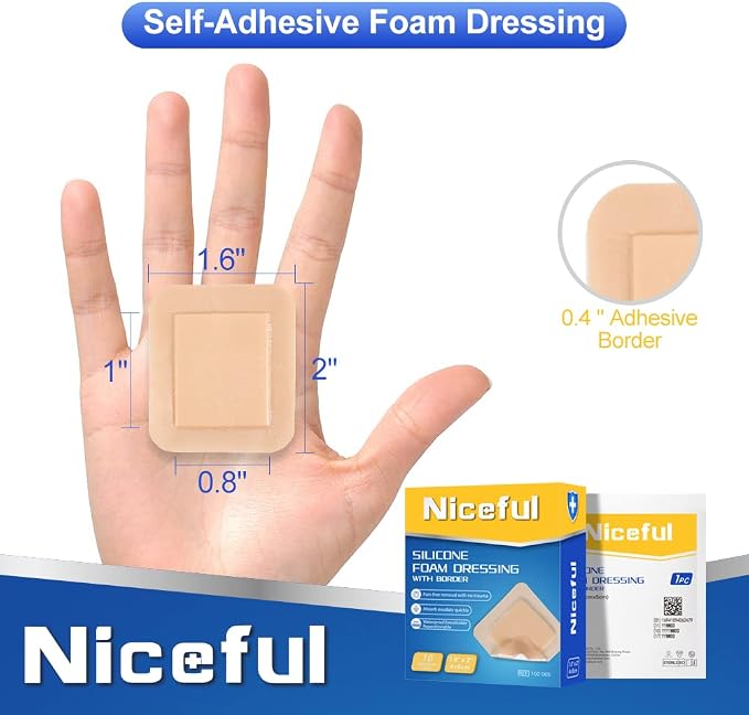 Niceful 10 Count Silicone Foam Dressing 1.6" x 2", Wound Dressing for Minor Surgical Incisions, Abrasions, Absorbent Silicone Bandages for Sensitive Skin, Small Bed Sore Bandages