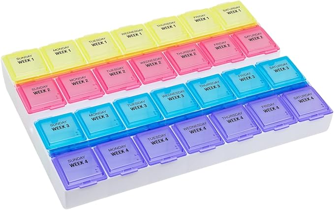 EZY DOSE Monthly (28-Day) Pill Case, Daily Medicine Planner, Vitamin Organizer, Supplement Container, One Month, Large Contoured Compartments, Convenient and Easy to Use, Colored Lids, BPA Free | Daily Vitamin & Supplement Prescription Box, Compact Con...