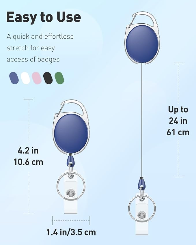 Uniclife 5 Pack Retractable Badge Reel for Badge Holder Heavy Duty Retractable Keychain Strong Colorful ABS Casing with Stainless Steel Spring Coil 24 Inch Nylon Rope Carabiner and Key Ring, 5 Colors