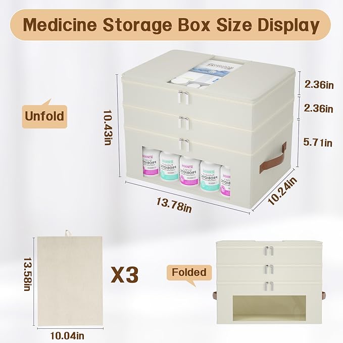 3-Tier Medicine Cabinet Organizer, Fabric Medicine Organizer for Cabinet with Leather Handle, Medicine Storage Box for First Aid, Organizers and Storage Home Must Haves (Beige)