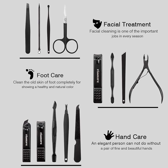 FAMILIFE Manicure Set, Professional Manicure Kit Nail Clipper Set Stainless Steel Pedicure Tools Kit with Leather Travel Case for Women Girl Men (Brown)
