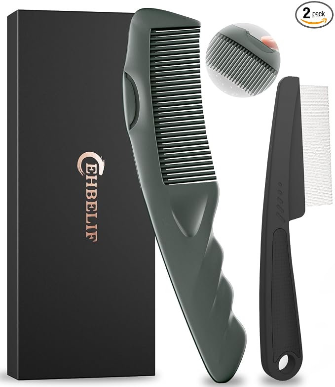 Dandruff Comb Removal 2PC Hollow Fine Tooth Scalp Detox Hair Care Tool | Upgraded Stainless Steel Teeth, with Gift Box, Build up Flake, Self Cleaning, Button-Release Design, for Women Men Kid, Green