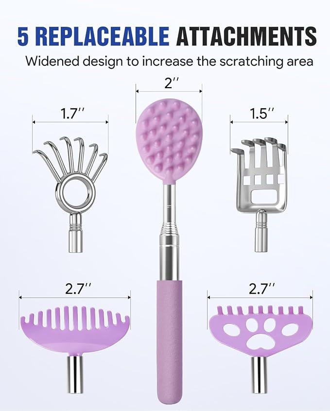 Telescoping Back Scratcher with 5 Detachable Heads, Gift for Men Dad Purple | 10-31'' Reach,Stainless Steel, Non-Slip Grip, Birthday Gifts for Men Women, Christmas Stocking Stuffers, White Elephant Gifts