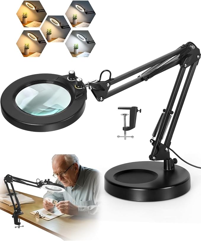 LANCOSC 12X Magnifying Glass with Light and Stand, Real Glass Lens, Switch Knob for Multi-Color Modes Dimmable, LED Lighted Desk Lamp & Clamp, Hands Free Magnifier for Repair Craft Painting Close Work