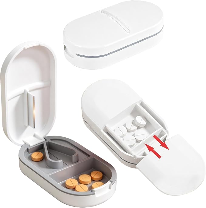 Pill Splitter with Stainless Steel Blade, BPA-Free Pill Cutter, V-Shaped Precision Pill Cutting Device, Portable Travel Pill Divider for Cutting 1/2 1/4 1/8 Small Medium Pills