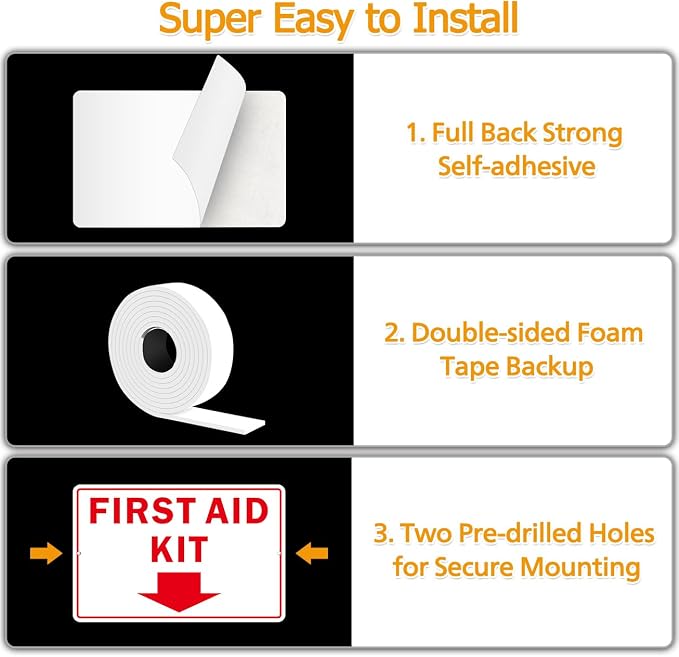 First Aid Sign, (2 Pack) Self Adhesive First Aid Kit Sign for Wall, Aluminum Metal Signs With 2 Pre-drilled Holes (9 x 6 inches, White/Red)