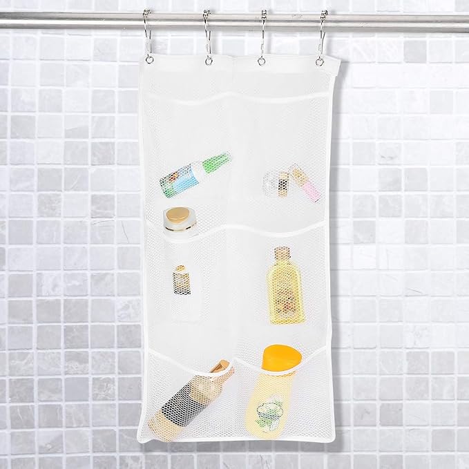 Joyzan Mesh Shower Organizer, 6 Pockets Hanging Caddy Portable Space Saving | Bathroom Holder Quick Drying Hanger Curtain Rod Storage Soap Shampoo Loofah Cruise Liner Ship Essentials Bath Toy Toiletry