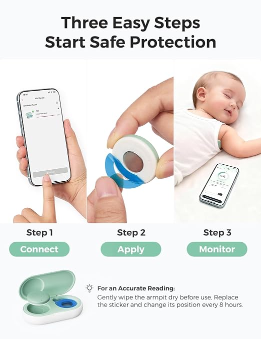 Momcozy Wearable Digital Thermometer for Baby, Continuous App Monitoring | Medical-Grade ,High Accuracy Thermometer for Kids & Infants, Instant Reads, Hypoallergenic 3M Sticker,APP Alert,Visual Trends