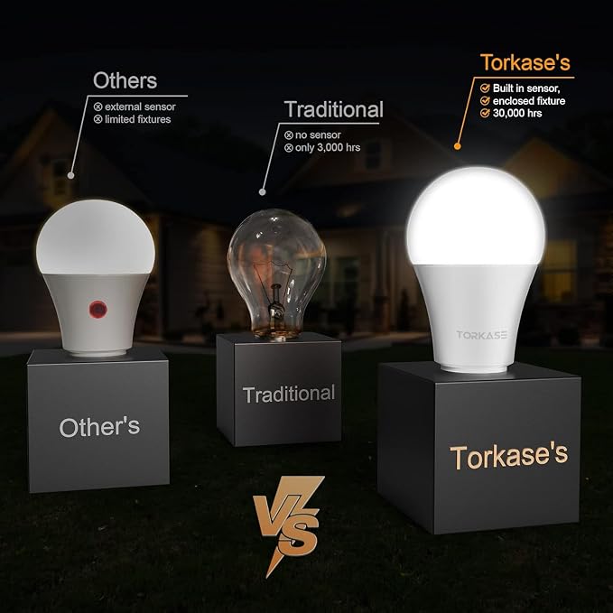 Outdoor Sensor Light Bulbs, E26 Dusk to Dawn Automatic Sensor | Auto On/Off, Energy-Efficient, for Indoor Outdoor Lighting, Front Door Garage Basement Storage Closet, 120V, 6000K 6Pack