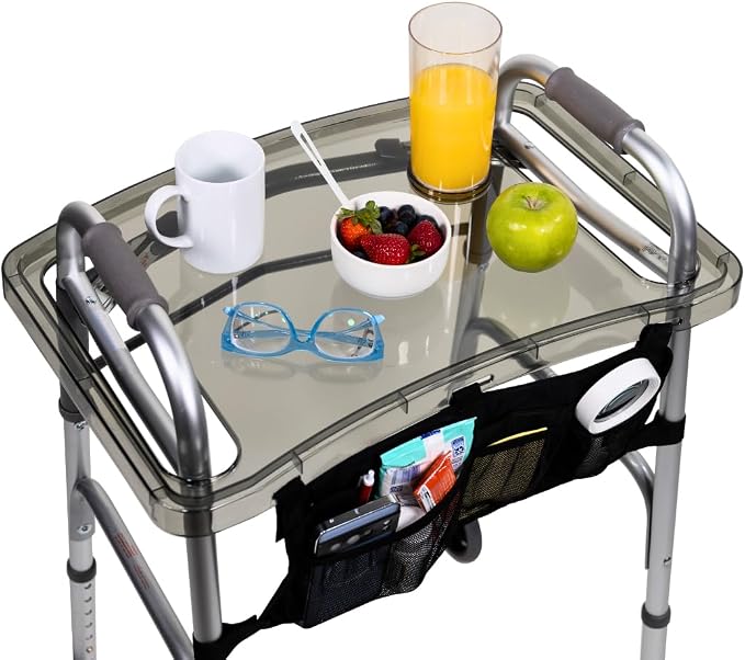 StrongArm Clear View Walker Tray + Bag + Non-Slip Mat & Cup Holder, Tray for Folding Walkers, Food Tray, Walker Accessories, Tray Table for Standard Adult Walkers (Black)