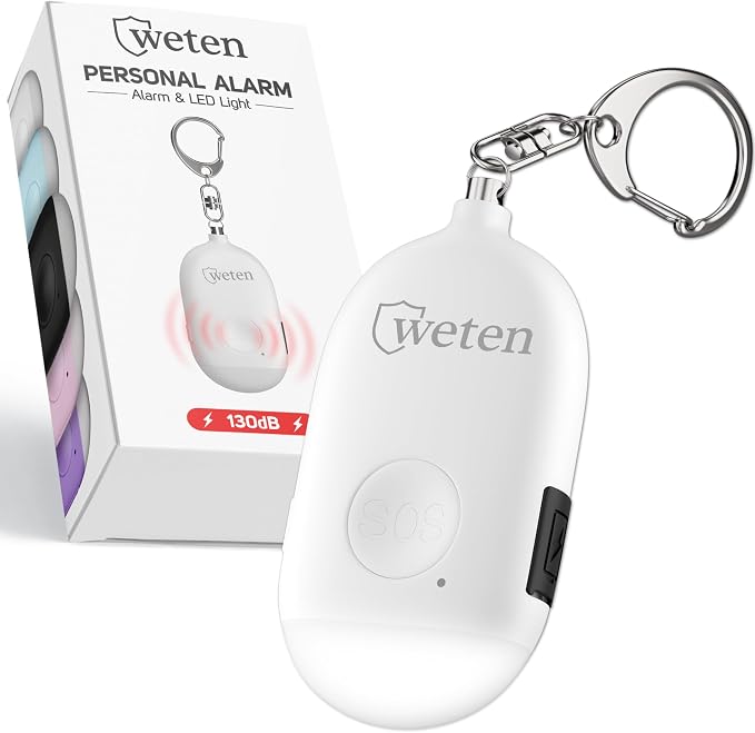 Rechargeable Personal Alarm Keychain, 130dB Siren, LED Light, White | Stylish Personal Safety Alert for Women to Carry, Panic Button Alarm for Security