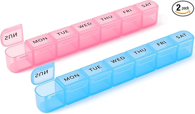 Daviky Weekly Pill Organizer 2 Pack Large Capacity Travel Pill Organizers Pill Box 7 Day Compact Travel Pill Case Medicine Pill Organizers for Vitamins, Supplements and Medications (Blue & Pink)