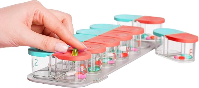 Sagely XL Pill Organizer, Durable Medicine Box, Magnetic Daily Removable Pods, Easy-to-Use, Spill-Proof, Large Enough to Fit Fish Oil, Cod Liver Oil, Supplements & Vitamins (Mint Blue/Coral)
