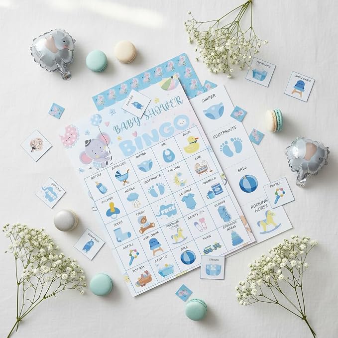 Baby Shower Bingo Game Cards Set for Guests Adults, Blue Elephant Baby Shower Party Bingo Game Gender Reveal Bingo Game for Family Friends Large Group Activity, Favors Supplies Decorations