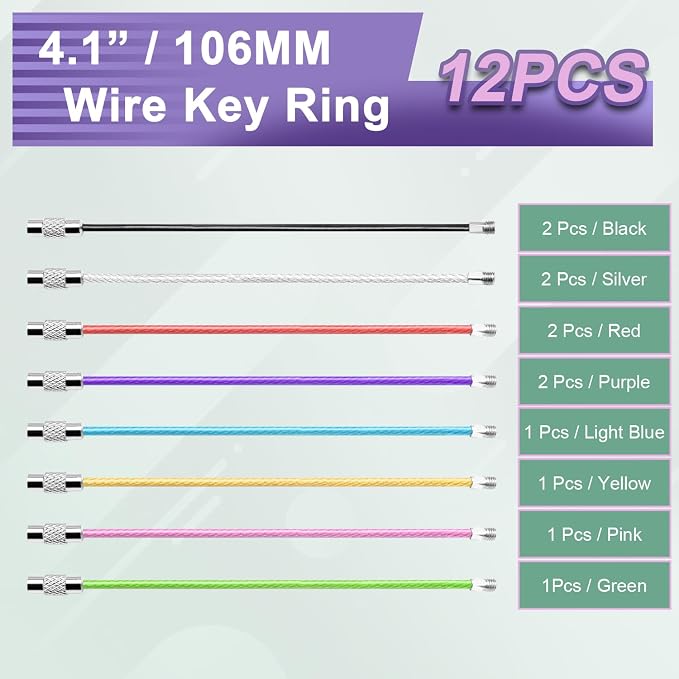 12 Pack 4" Key Ring Wire Keychain Cable Keyring Keychain Holder Clips Small Loops for Car Keys, Luggage Tags, Bag Tags, Crafts (Assorted, 2mm)