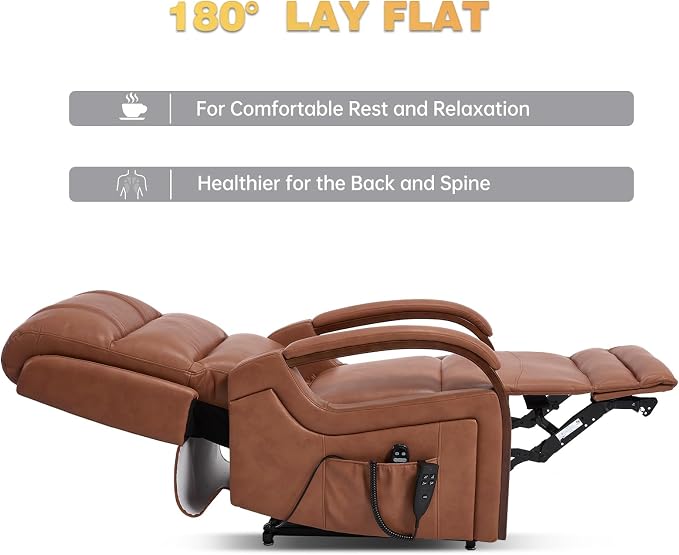 Trustyue Power Lift Recliner Chair, 180° Lay Flat Recliner, Lift Chair with Massage and Heat, Standing Assistance, Living Room Chair for Elderly People (Faux Leather Orange)