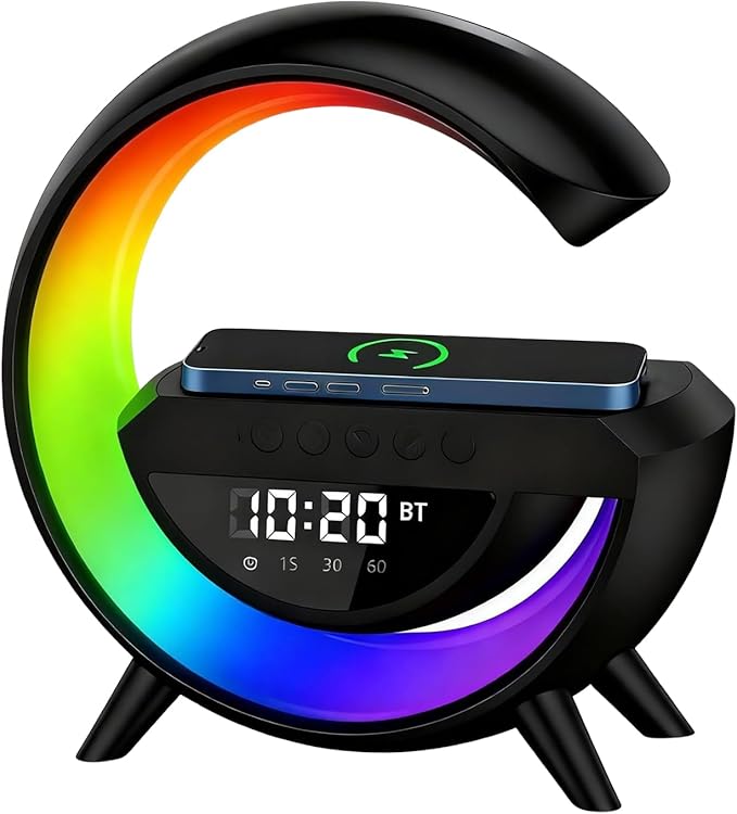 Saker G-Shaped LED Wireless Charging Bluetooth Speaker, 3-in-1 LED Digital Alarm Clock Radio with 13 RGB Lights & Noise, 360° Surround Sound Nightstand Clock with FM Radio for Bedroom Office (Black)