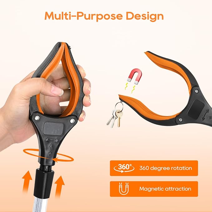 2-Pack 43" Extra Long Heavy Duty Grabber Reacher Tool, Foldable with 360° Rotating Jaw, Magnetic Tip, Ergonomic Grip, Wide Claw for Trash Pickup, Gardening & Reaching High Shelves – Ideal for Seniors
