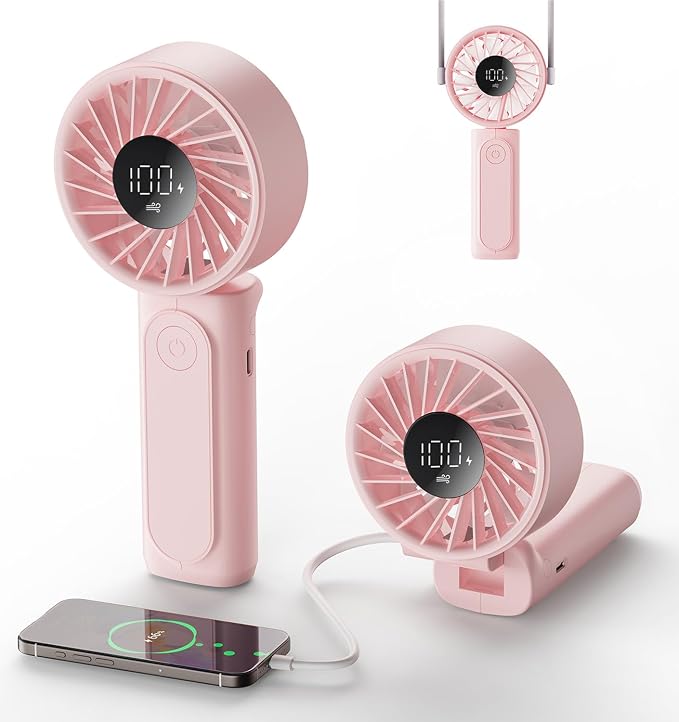 Peiyuu Handheld Portable Fan, 4000mAh USB Rechargeable Personal Fan, 180° Foldable Mini Desk Fan with 6 Wind Speed, LCD Digital Display, Lanyard as Neck Fan, Ultra Quiet