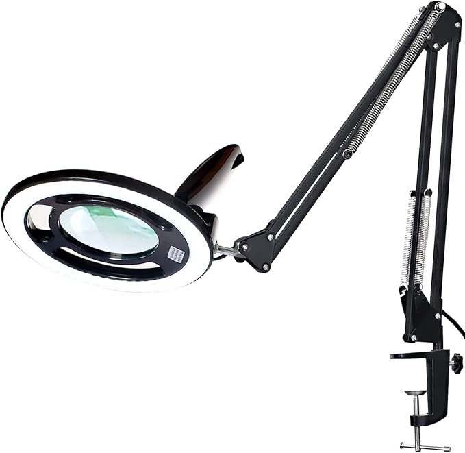 10X Magnifying Glass with Light, KIRKAS 2,200 Lumens LED Magnifying Lamp with Clamp, Stepless Dimmable Real Glass Lens Magnifier, Adjustable Arm Workbench Light for Close Work Hobby Repair - Black