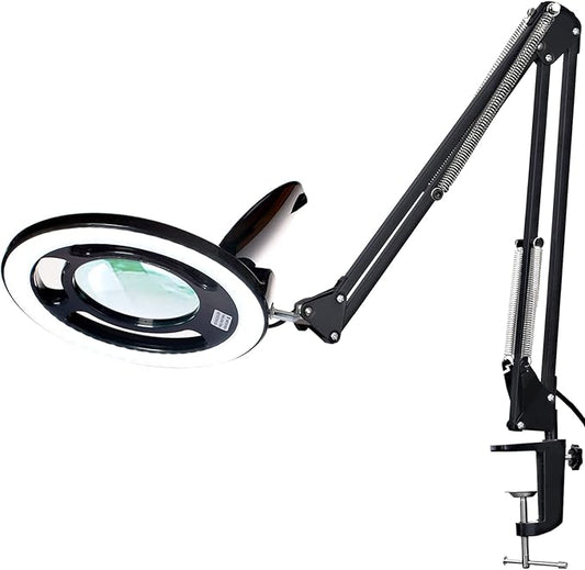 10X Magnifying Glass with Light, KIRKAS 2,200 Lumens LED Magnifying Lamp with Clamp, Stepless Dimmable Real Glass Lens Magnifier, Adjustable Arm Workbench Light for Close Work Hobby Repair - Black