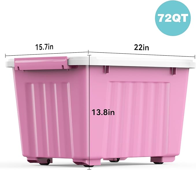Nazhura Plastic Storage Bin, Stackable and Nestable Storage Boxes with White Lids and Secure Latching Buckles, Large Storage Container (Pink/White, 72Quart-4Pack)