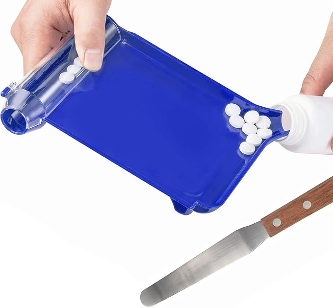 Medarchitect Right Hand Pill Counting Tray with Spatula (Blue - Wood Handle)
