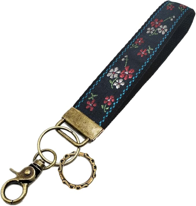 Boho Vintage Embroidered Floral plant Wristlet Keychain for Women | Cute Lanyard&Antique Brass Clasp, Lightweight Hands-Free Key Holder for keys,purses,handbags and daily outdoor use for ladies