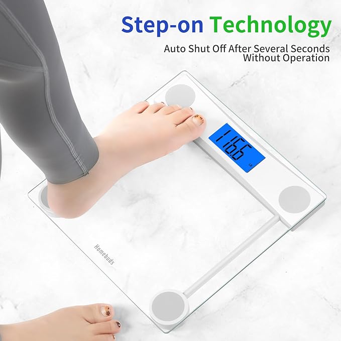 Homebuds Digital Bathroom Scale for Body Weight, High Precision Assured by Weight Scale Professional Factory SINCE 2001, Blue Backlit LCD and Step-On, 2*AAA Batteries Included, 400lb/182kg Clear Glass