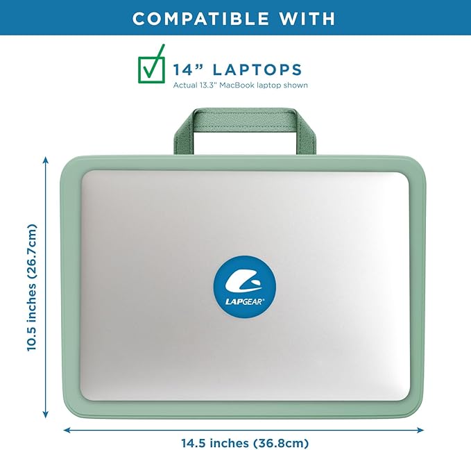LAPGEAR Compact Lap Desk – Sage Green, Fits 14" Laptops | Microbead Cushion, Built-In Pencil Slot, Carry Handle, Fits Standard Letter-Size Paper (8.5" × 11")