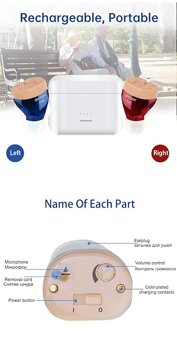 Rechargeable Hearing Aids for Seniors & Adults, Invisible Hearing Aid With Noise Cancelling, Rechargeable Hearing Aid with Storage and Charging Combo Portable Charging Case, Two Blue & Red