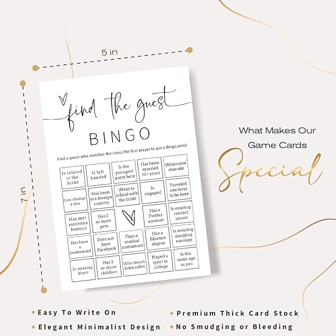 Bridal Shower Bingo, 25Pcs Prefilled Find the Guest Bingo Game Cards, Engagement Party Games for Guests, Minimalist White Wedding Party Supplies - A19