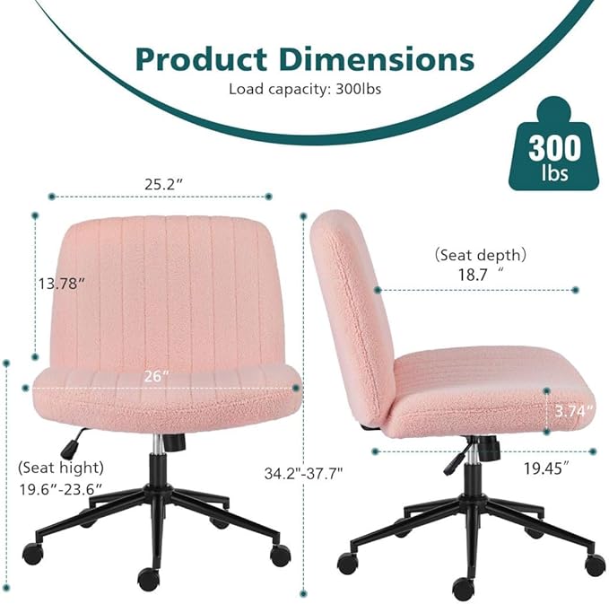 Criss Cross Chair with Wheels, Ergonomic Armless Swivel Comfy Vanity Seat, Wide Back Support and Adjustable Height for Home Office Bedroom Computer Gaming Makeup, Pink Velvet