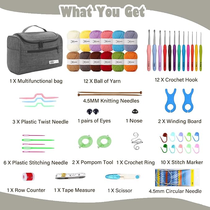 Yarniss Crochet Kit for Beginners - 840 Yards Crochet Yarn and 12 Sizes (2.0-8.0mm) Ergonomic Hooks with Organizer Bag, All Inclusive Crocheting & Knitting Set for Adults