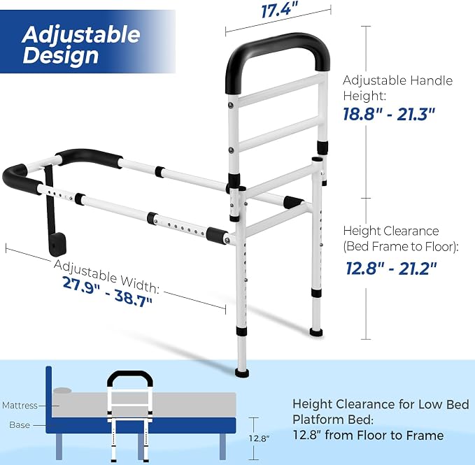 KingPavonini Bed Rails for Elderly Adults Safety ASTM-Approved, 2026 Upgrade Bed Rails for Seniors with Adjustable Anti-Wobble Feet, 400lb Bed Cane, Non-Slip Handle & Storage Bag, No-Tools, Model GL04