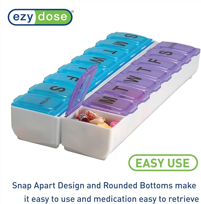 EZY DOSE Weekly (14-Day) Daily Pill Case, Medicine Planner, Vitamin Organizer, Supplement Container, 2 Detachable Weeks + Extra, Large Snap Compartments, Easy Open, Blue and Purple, BPA Free