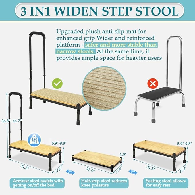 Medical Step Stool with Handle for Elderly Bed Steps for High Beds Adults Stepping Stool SUV Car Bariatric Handicap Seniors Safety Bedside Heavy Duty Foot Step Adjustable Assist Rail (Widen Platform)