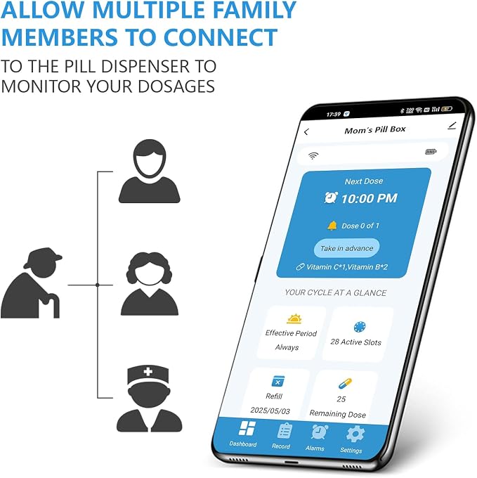 EziMedPil WiFi Automatic Pill Dispenser with Caregiver Alerts for Seniors | Real-time Caregiver App Monitoring & Adherence History Tracking, 28-Day Organizer with Sound-Light Reminders & Up to 9 Doses