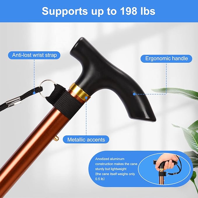 supregear Folding Cane, 5-Level Adjustable Height Walking Stick Lightweight Collapsible Portable Travel Cane with Wrist Strap and T Handle for Elderly Disabled Men Women