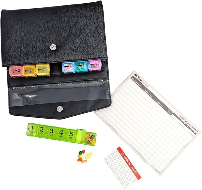 Weekly Pill Organizer Case, 7 Compartments, Pebble Grain Faux Leather, Magnetic Snap, Medication Schedule Card (7X a Day Weekly with Wallet)