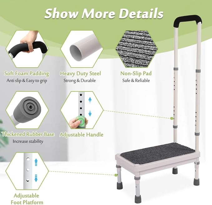 Medical Step Stool with Handle for Elderly Bed Steps for High Beds Adults Bedside Steps with Rail Safety Handicap Bed Stairs Seniors Adjustable Platform Heavy Duty Stepping Stool