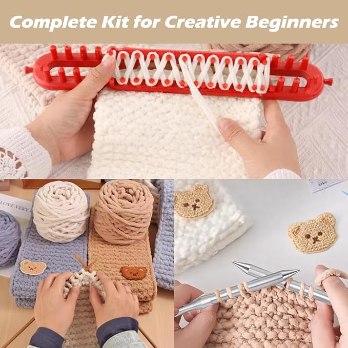 Novelchet Knitting Loom Kit for Beginners with Step by Step Video Tutorial | Rectangle Loom with Plush Yarn Learn to Knit Set for Scarf