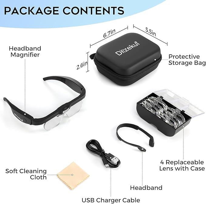 Dilzekui Magnifying Glasses w/Light,1.5X-5X Magnifying Glass Acrylic Lenses | Storage Case, Type-c Charged, Elastic Headband Magnifier, Handsfree Worn with Glasses for Close Work Craft Hobby Cross Stitch