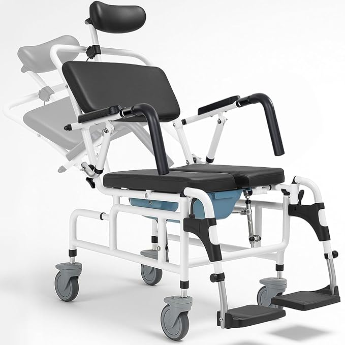 Vive Reclining Shower Chair with Wheels - Commode Wheelchair for Seniors, Disabled, Bariatric & Handicap - Padded Transfer Rolling Chairs with Arms - Portable & Waterproof - Extra Wide Seat