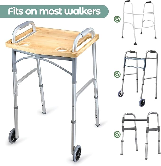 Medical king Walker Tray Table with Cup Holder Mobility Table Tray for Folding Walkers Foldable, Portable Multipurpose Bamboo Tray for Eating, Crafts, Laptops Medical Equipment Accessories - 21x16"