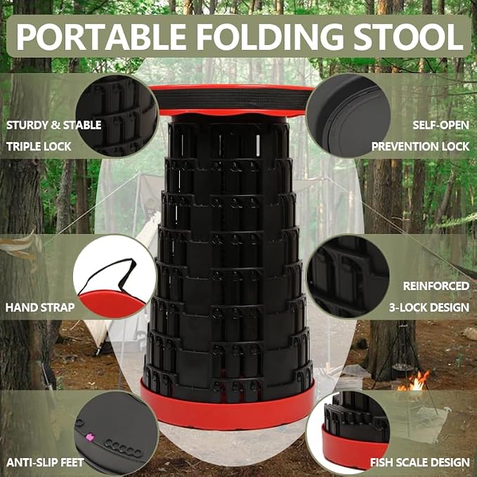 JAEMEYEM Collapsible Stool Chair, Upgraded Folding Stool for Adults Lightweight, Sturdy, Adjustable, Portable, Foldable Seat Sturdy Stools for Outdoor Camping Fishing Hiking Gardening BBQ