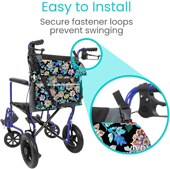 Vive XL Wheelchair Accessories Bag - Waterproof, Scratch-Resistant, Double-Stitched, Machine Washable for Adults, Seniors, 15 Colors - Storage Walker Backpack to Hang on Back (Black Floral)